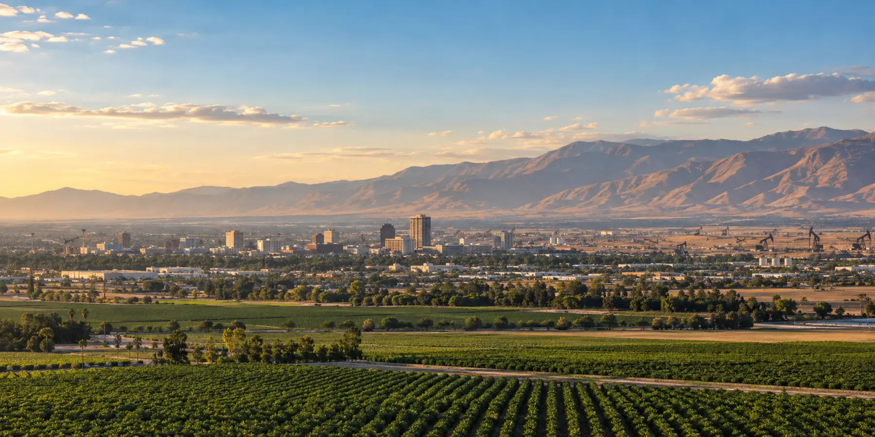 Vista panorámica de Bakersfield, California, con campos, ciudad y montañas al este de Bakersfield