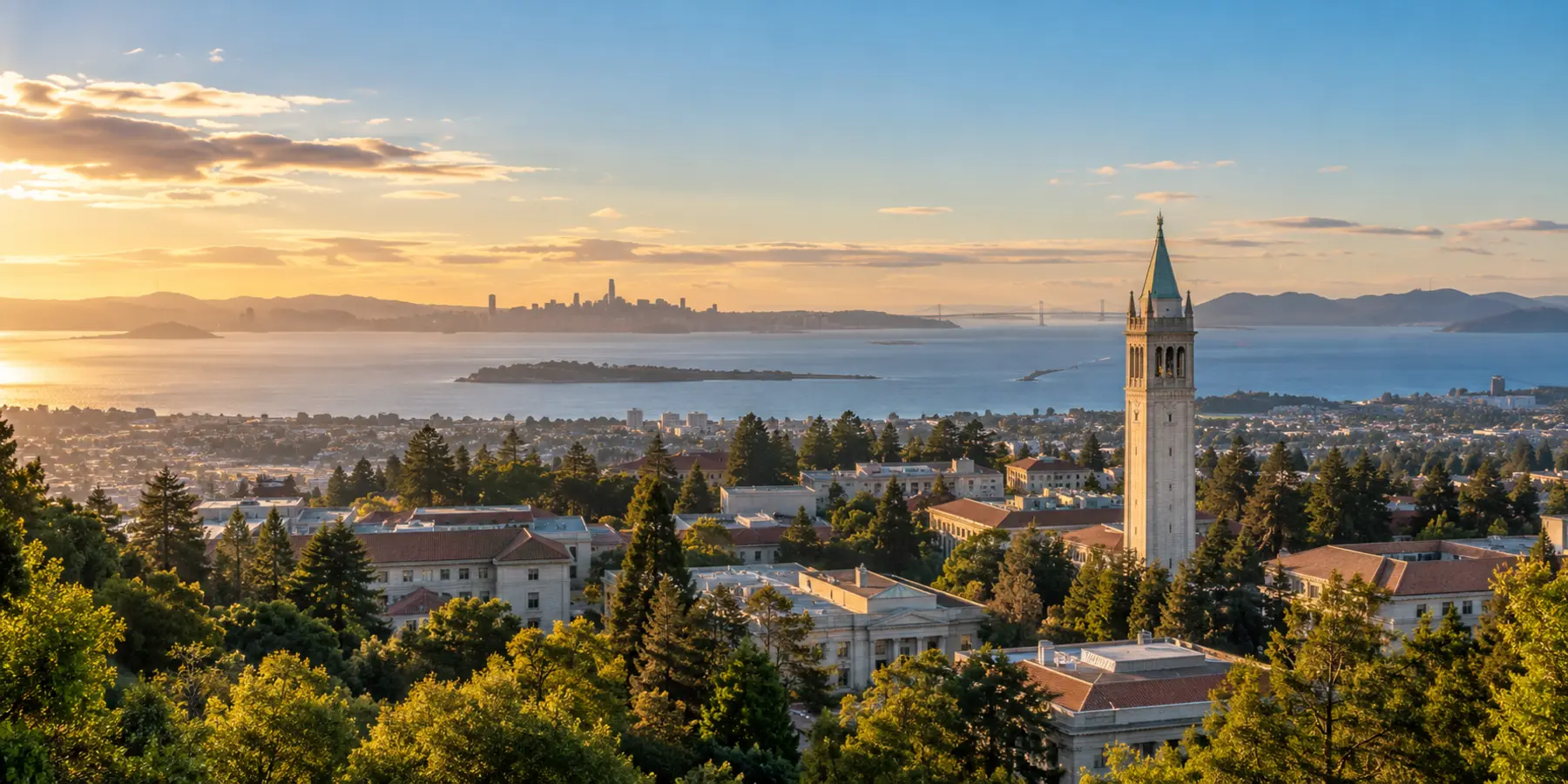 Vista panorámica de Berkeley, California, con campus, colinas y vista de la Bahía desde Berkeley