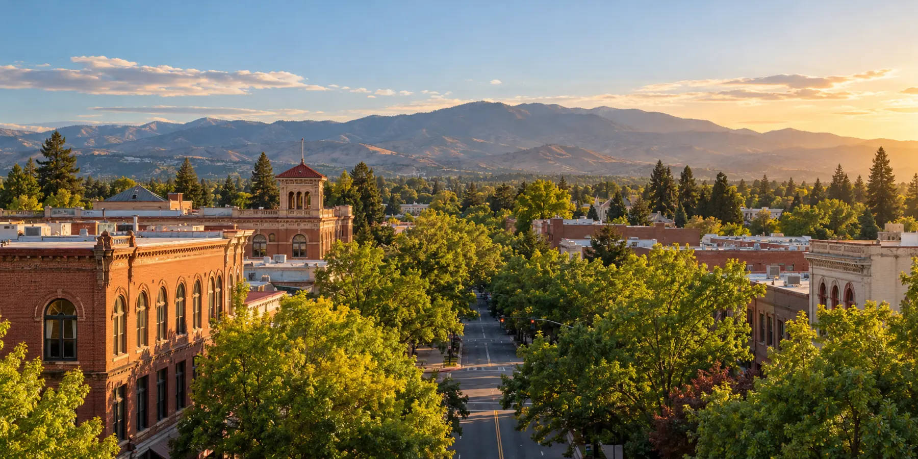 Vista panorámica de Chico, California, con calles arboladas, centro histórico y Sierra Nevada cerca de Chico