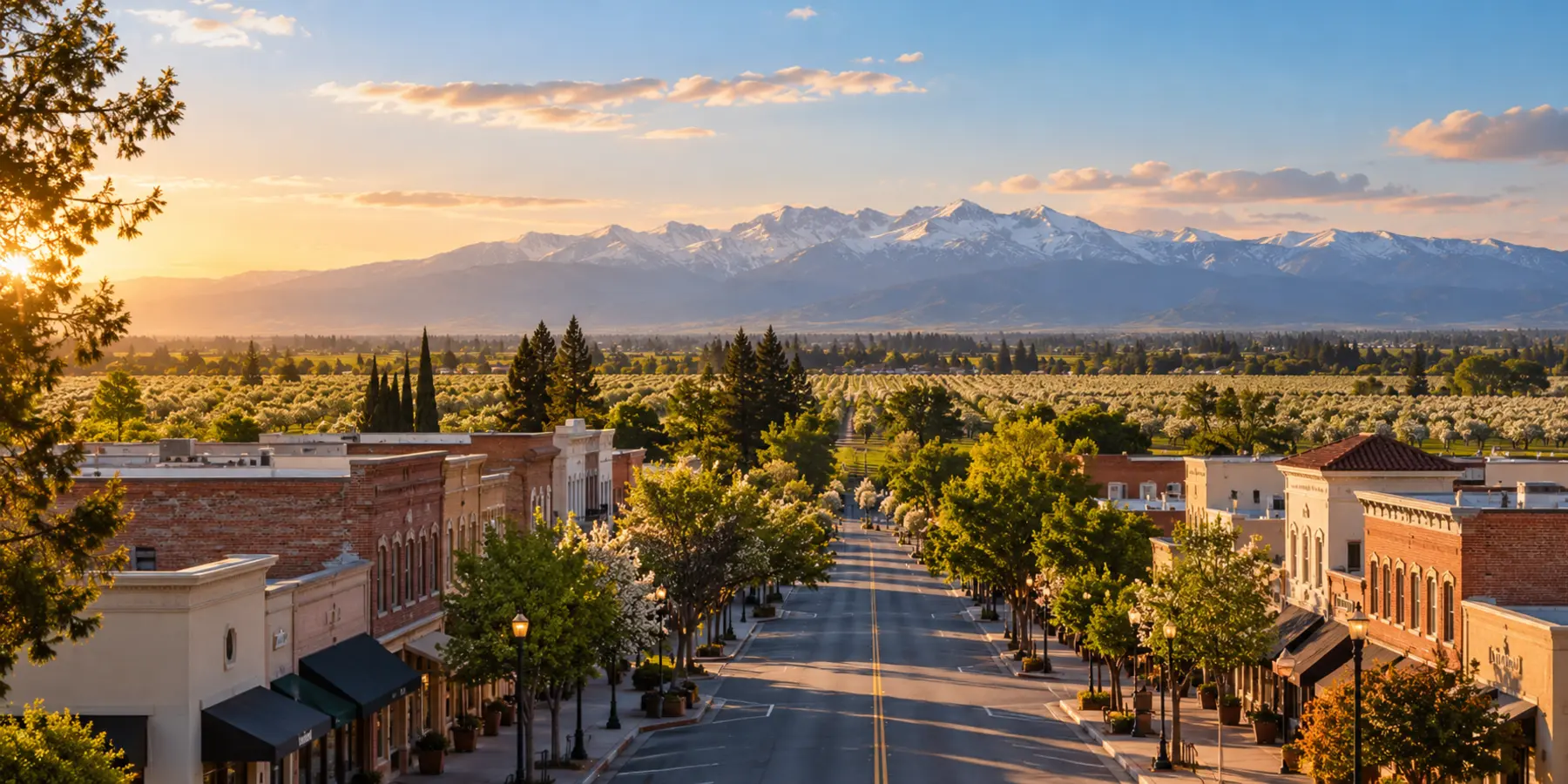 Vista panorámica de Clovis, California, con centro tradicional, arboledas y Sierra Nevada a lo lejos en Clovis