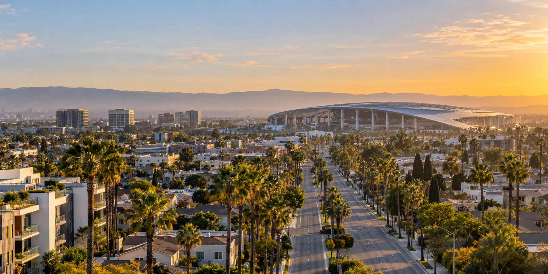 Vista panorámica de Inglewood, California, con avenidas, vecindarios y perfil urbano de Inglewood