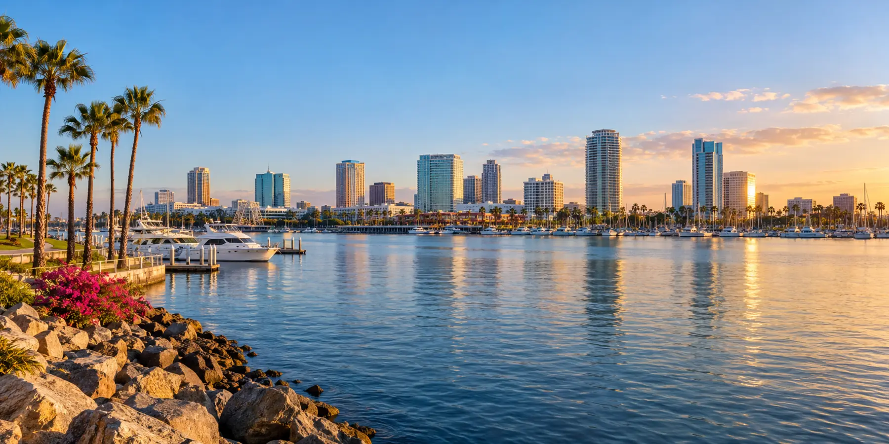 Vista panorámica de Long Beach, California, con puerto, costa y perfil urbano de Long Beach