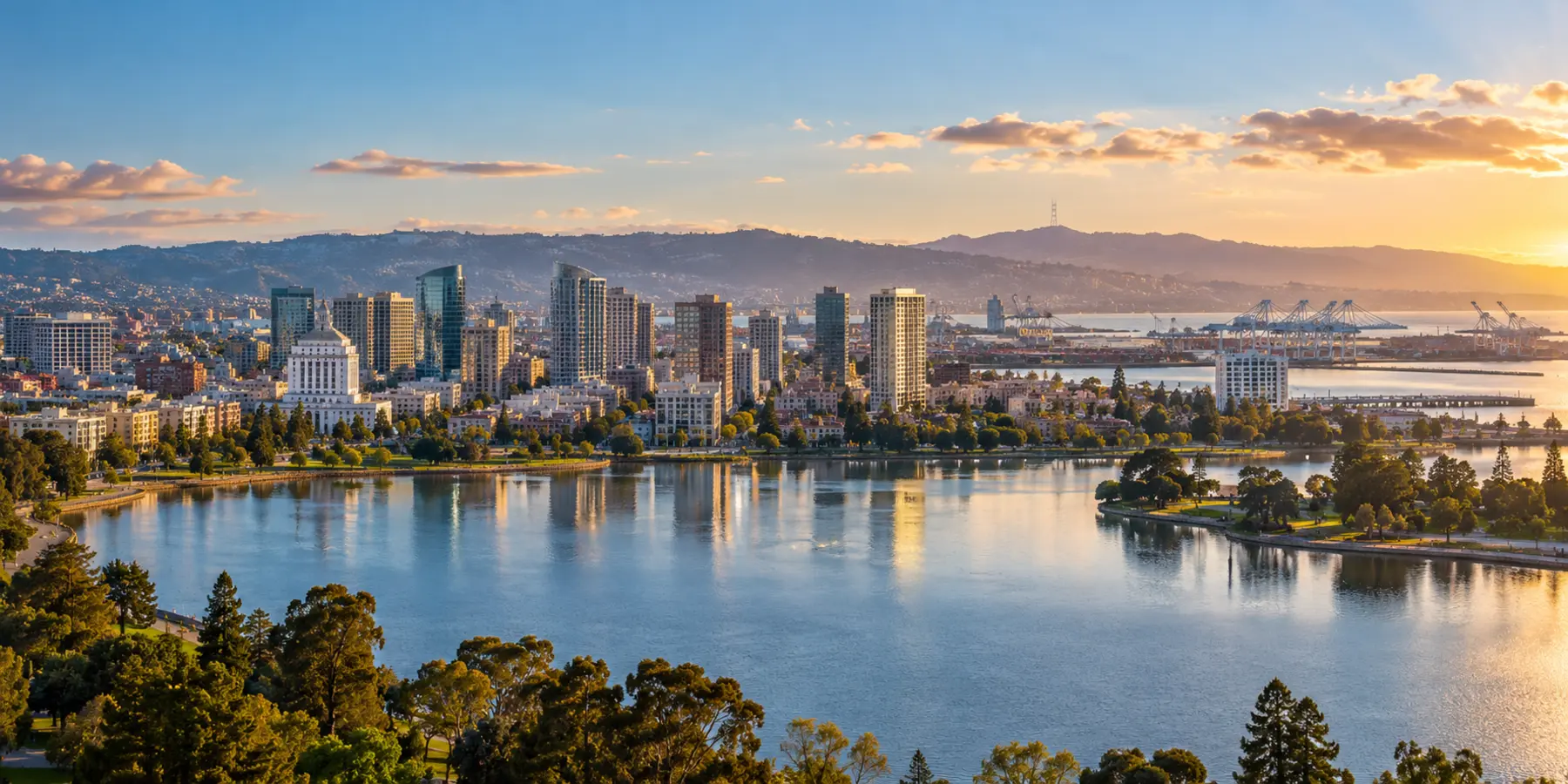 Vista panorámica de Oakland, California, con Lago Merritt, perfil urbano, puerto y colinas de Oakland