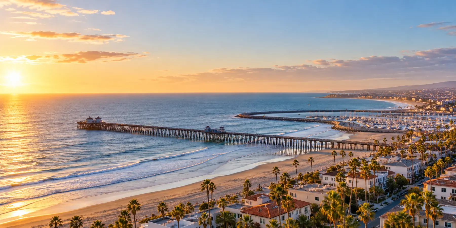 Vista panorámica de Oceanside, California, con muelle, puerto y playa de Oceanside