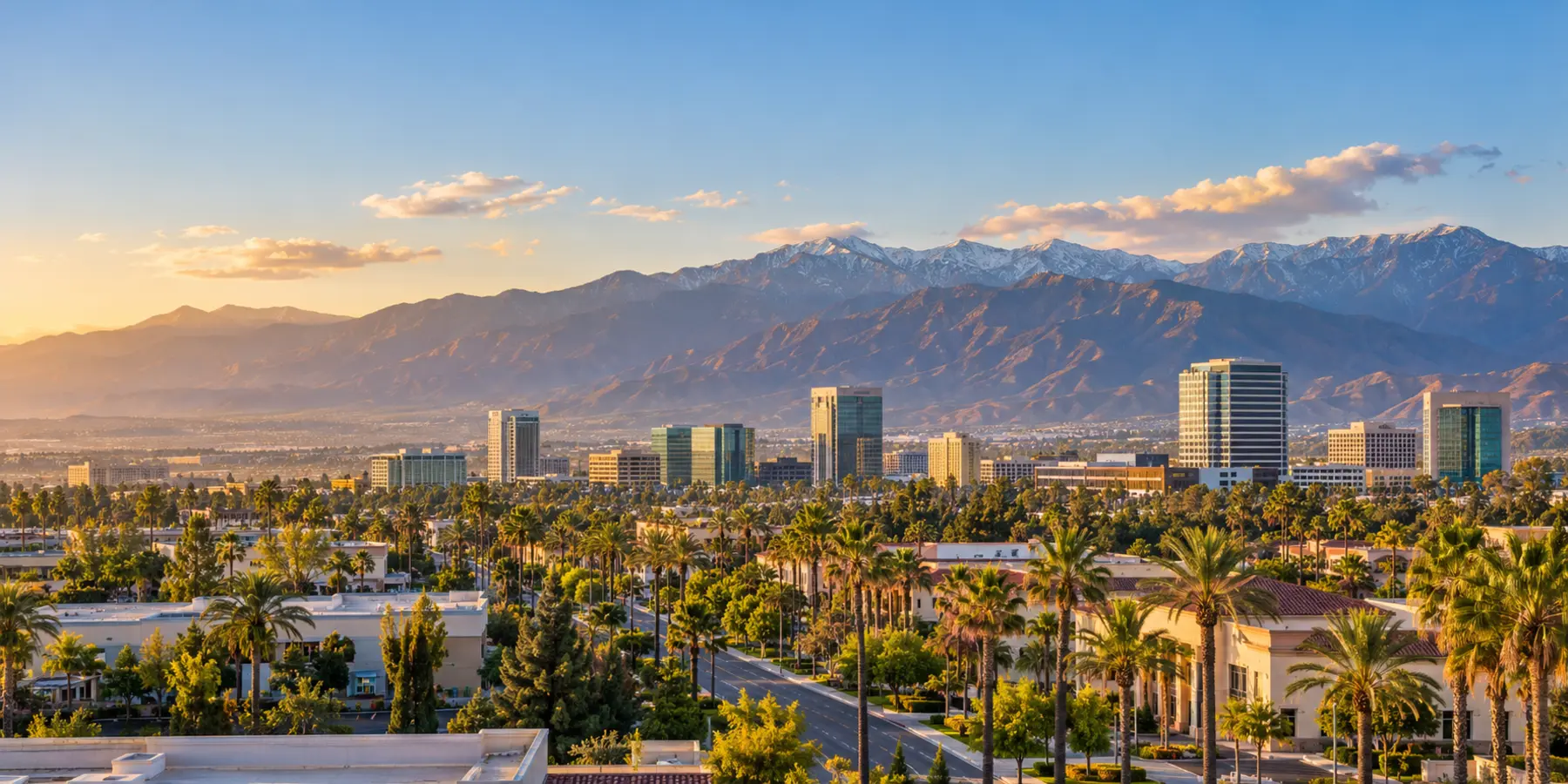 Vista panorámica de Ontario, California, con centro urbano, palmeras y montañas San Gabriel cerca de Ontario