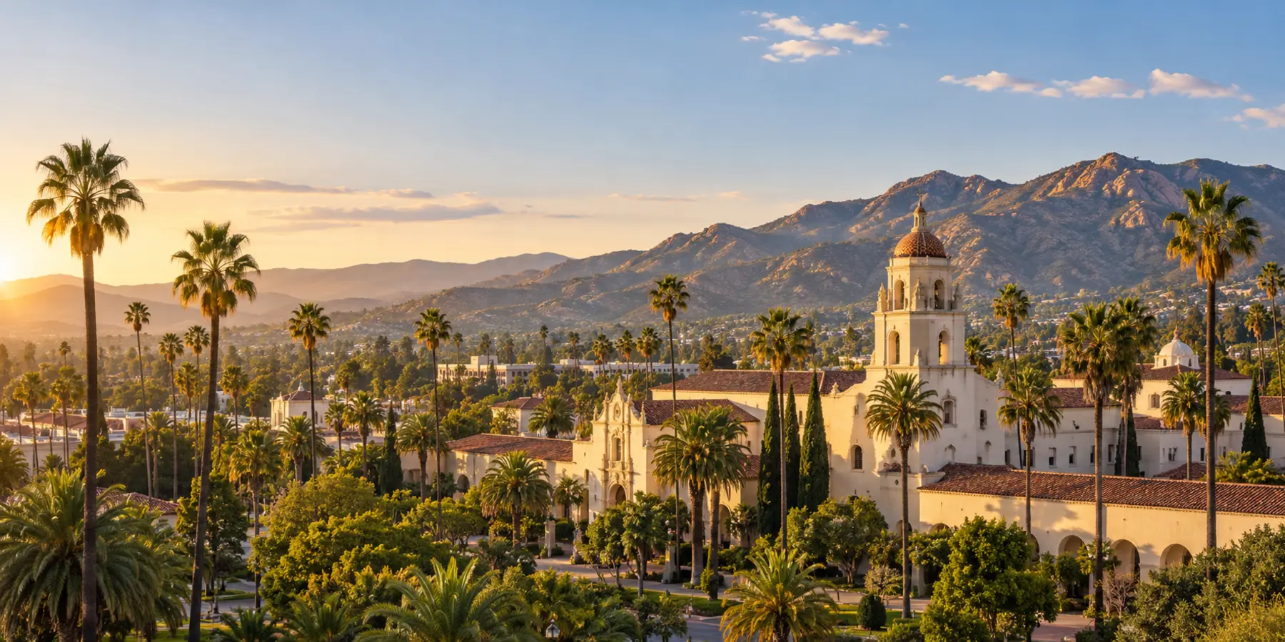 Vista panorámica de Riverside, California, con arquitectura histórica, palmeras y montañas de Riverside