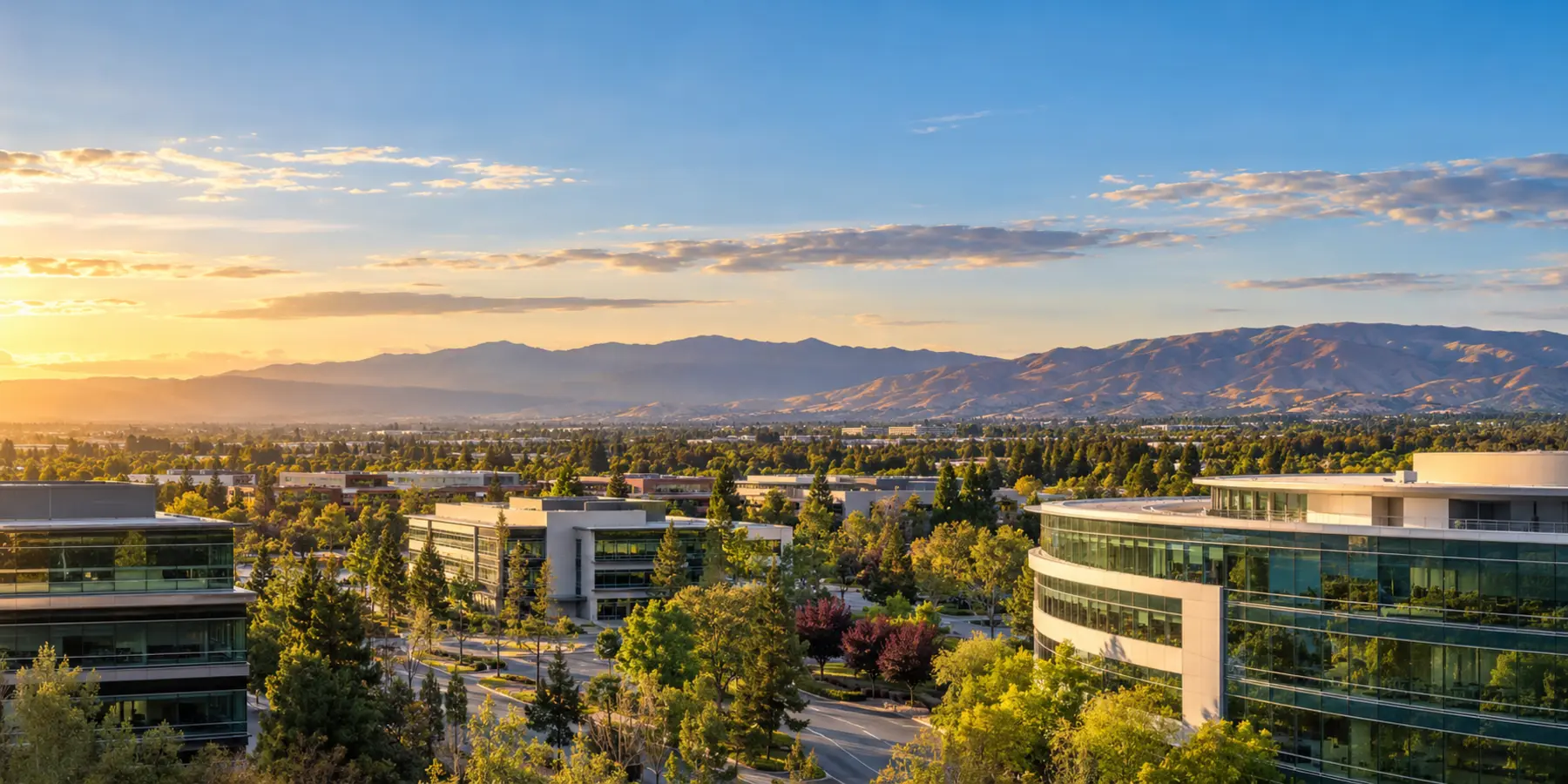 Vista panorámica de Santa Clara, California, con arquitectura moderna, vecindarios y montañas cerca de Santa Clara