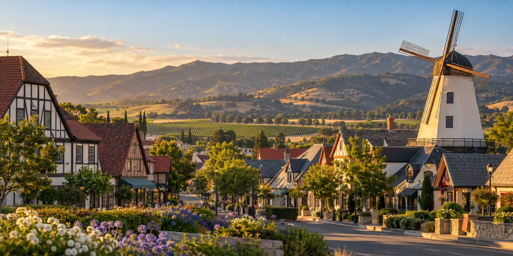 Vista panorámica de Solvang, California, con arquitectura danesa, viñedos y colinas de Solvang