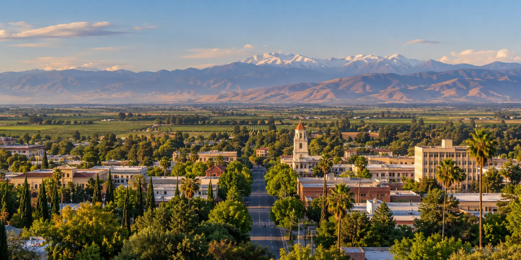 Vista panorámica de Visalia, California, con centro arbolado, campos y Sierra Nevada cerca de Visalia