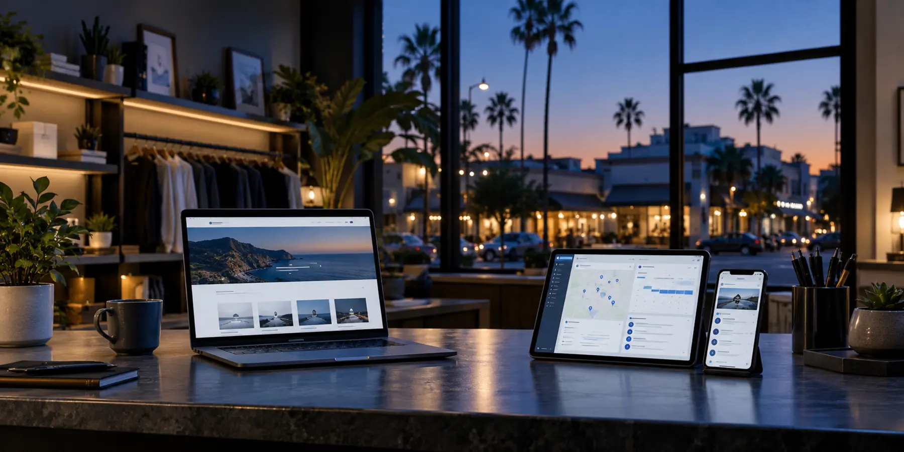 Espacio de trabajo con sitio web, búsqueda local, citas y seguimiento conectados